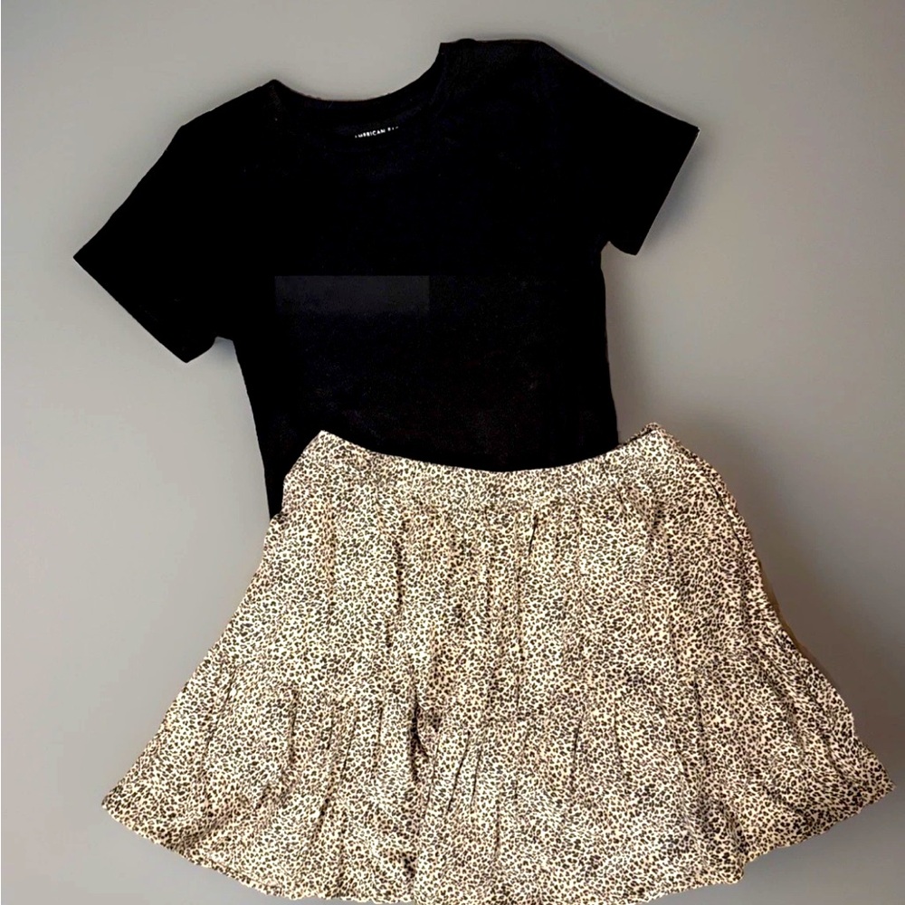 American Eagle large Black bodysuit Top and Leopard Print Skirt Set size medium